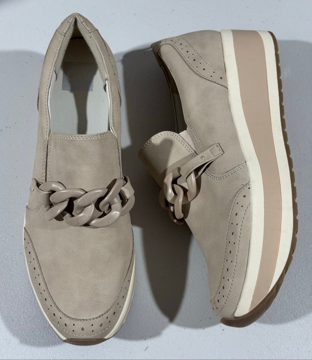 DV Dolce Vita Bozlee Beige Faux Suede Platform Chain Link Wedge Slip-On Sneakers